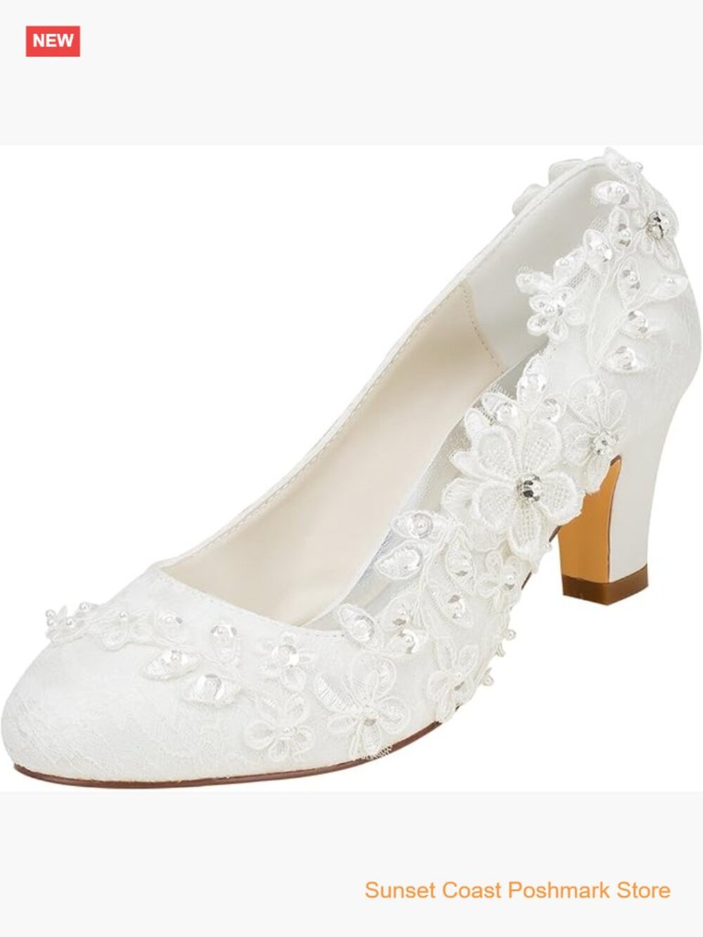 Women's Satin Chunky Heel Pumps with Stitching Lace Flower Crystal Pearl